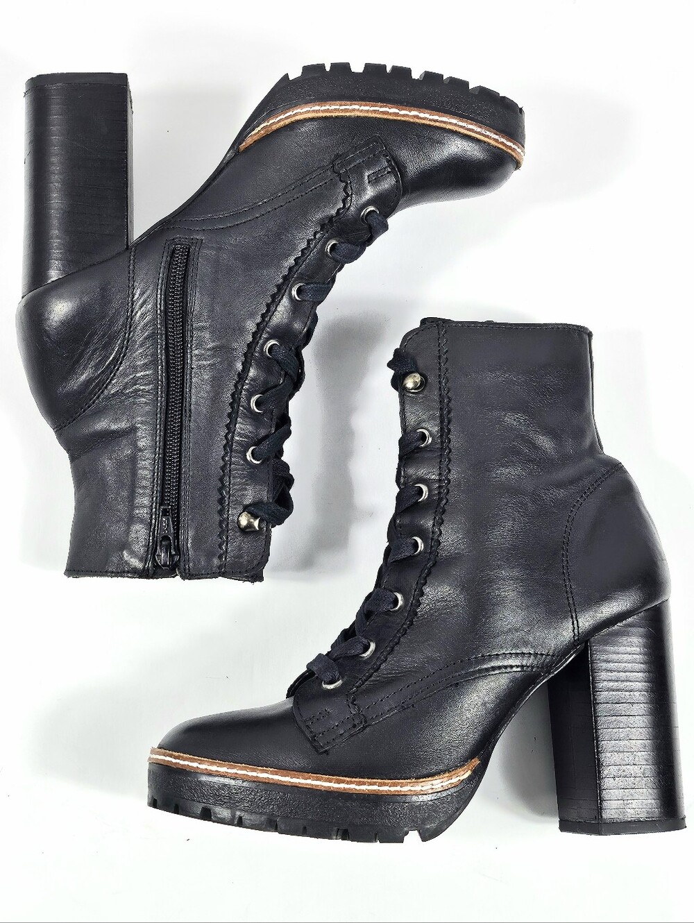Chelsea & Violet Lexie Black Leather Lace-Up Block Heel Lug Sole Ankle Boot - Picture 10 of 16